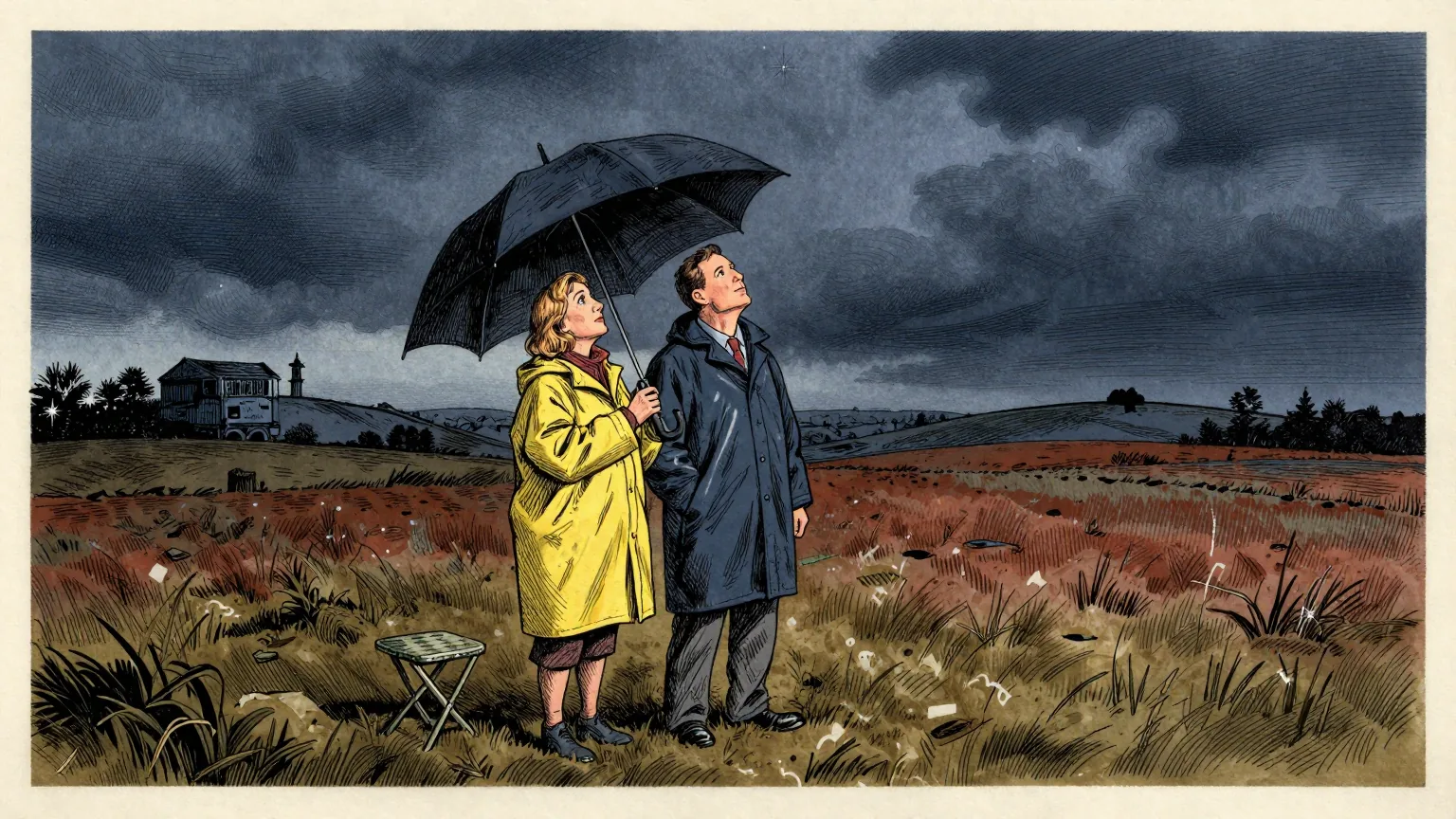Editorial cartoon illustration: A man and a woman in waterproof coats stand in a dark wet field in the British countryside at night, both holding umbrellas and looking up at a thick overcast sky. A small folding camp stool sits unused in the grass beside them. Behind them, a single break in the clouds shows a patch of stars over somebody else's hill.