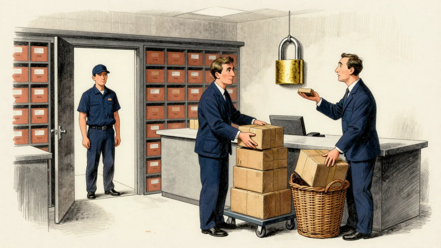 Editorial cartoon illustration: Two office workers in a small modern mailroom stand at a sorting counter, loading sealed brown parcels into a trolley. A courier waits in the open doorway with empty hands. A third worker holds a single parcel at arm’s length above a tall wicker basket, hesitating, with an enormous brass padlock hanging on the wall behind them.