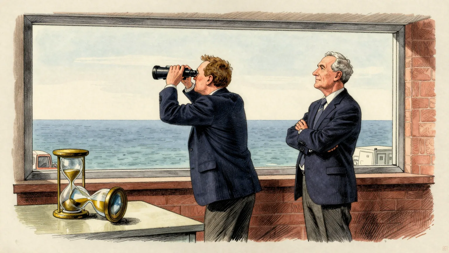 Editorial cartoon illustration: Two meteorologists stand in a bare forecasting office in front of a wide window looking out on a flat, calm ocean. One leans forward with binoculars trained on the water, relaxed and confident; the other stands back with folded arms, simply waiting. On the desk between them a single large hourglass lies on its side, running neither way.