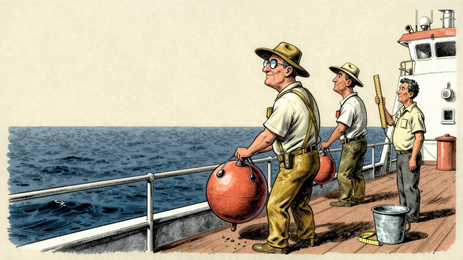 Editorial cartoon illustration: On the deck of a research vessel in a flat calm tropical sea, two oceanographers in sun hats haul a dripping sensor buoy over the rail, squinting in hard sunlight. A third scientist stands a little apart holding a short wooden ruler up against the horizon. A rolled measuring tape lies at their feet beside a bucket of seawater.