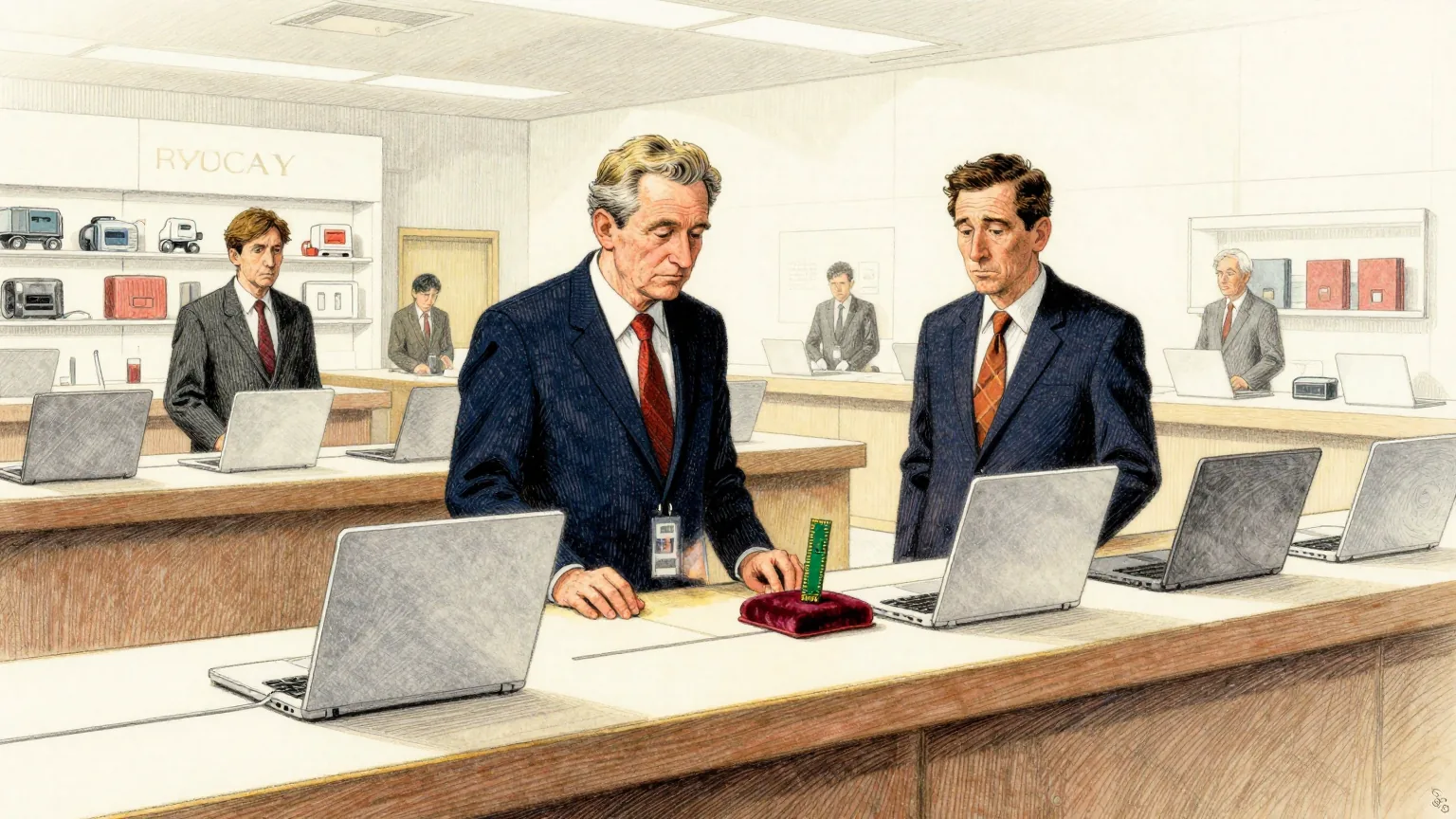 Editorial cartoon illustration: A long retail display table in a bright electronics shop holds a row of identical closed silver laptops, with two bored sales assistants standing behind it and no customers anywhere in the shop. In the middle of the row, where one laptop should be, a small green memory module stands upright on a little velvet cushion. Both assistants are looking at the cushion.