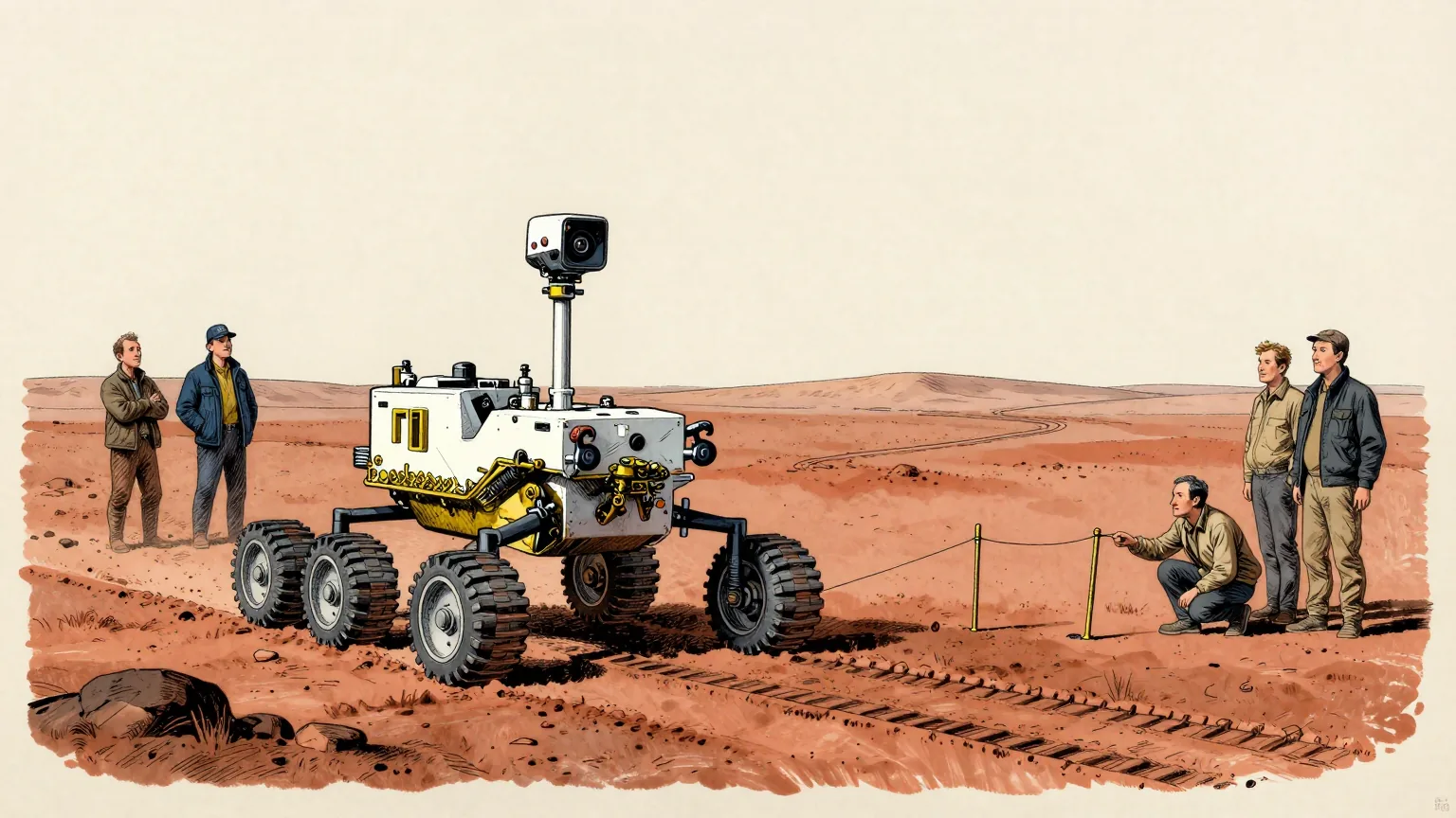 Editorial cartoon illustration: A six-wheeled Mars rover stands on a dusty red plain with its own wheel tracks running unbroken back to the horizon behind it. A small cluster of surveyors' marker posts has been driven into the ground close beside the rover, where the planned route ended, and two figures in dust-covered jackets stand near them with their arms folded. A third, crouching by the posts, holds out a short tape that has run out of length.