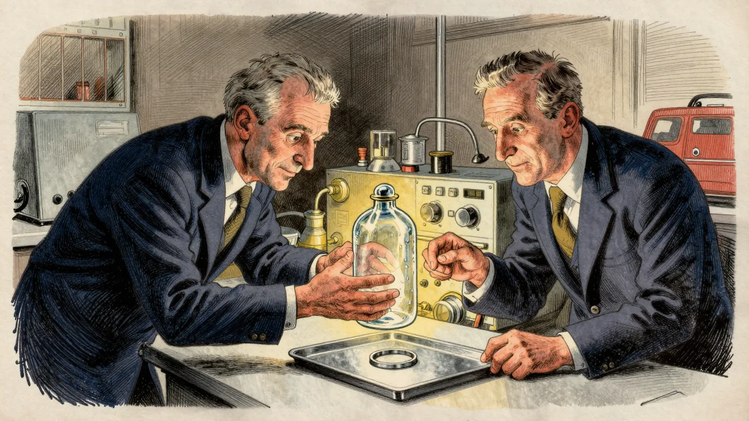 Editorial cartoon illustration: Two physicists in a dim laboratory lean over a cryostat bench, one of them holding an empty glass bell jar carefully in both hands as though it were heavy. The other adjusts a dial on a rack of instruments. A tiny metal split ring sits alone on a clean steel tray under a lamp, with nothing else on the tray.