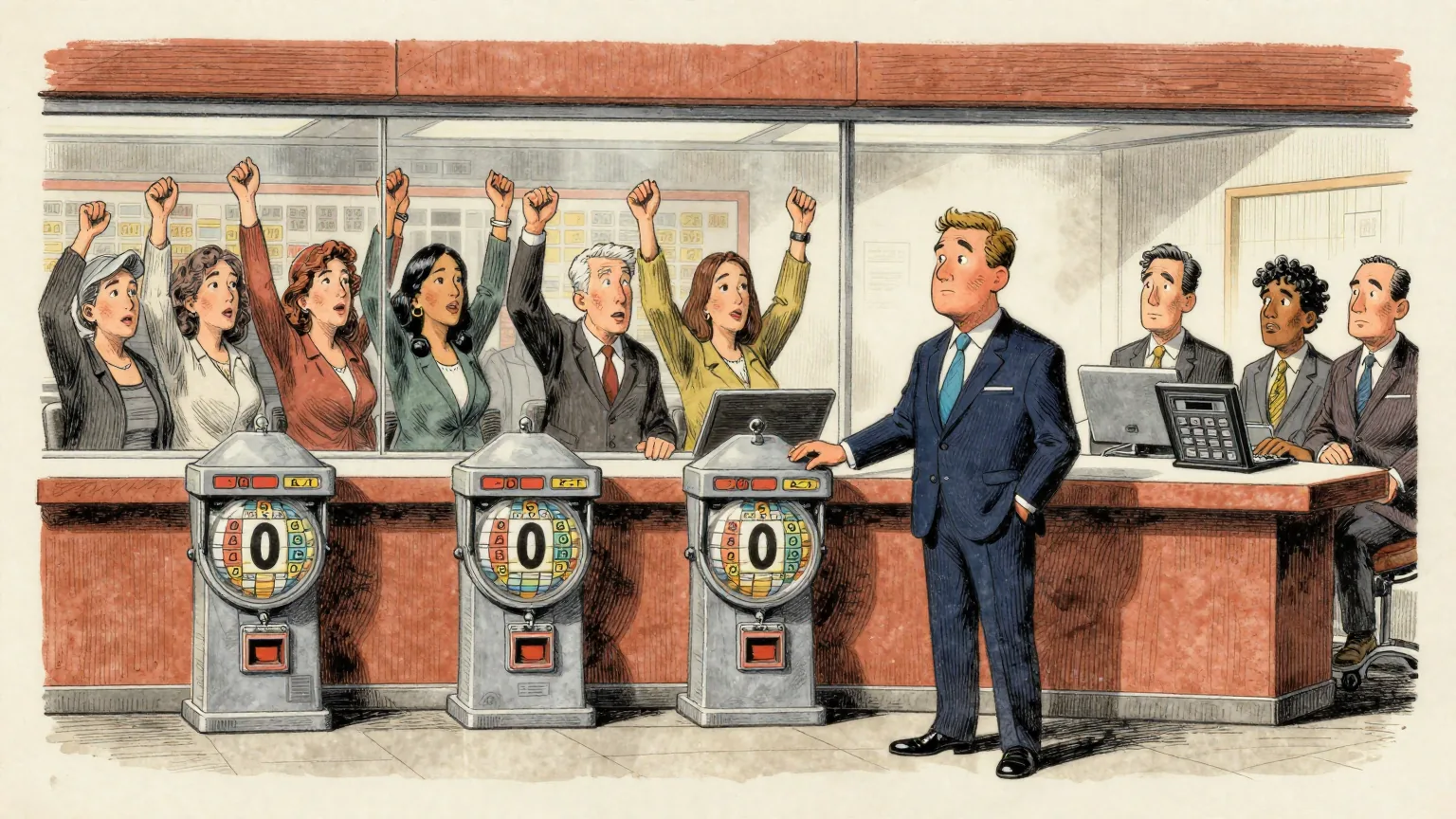 Editorial cartoon illustration: Inside a brightly lit American lottery studio, a presenter in a blazer stands beside three ball machines that have each delivered a zero, looking politely surprised. Behind a glass partition, a long row of ordinary customers stand in identical poses with their arms raised in celebration. One technician at the side of the set is calmly holding a very large calculator.