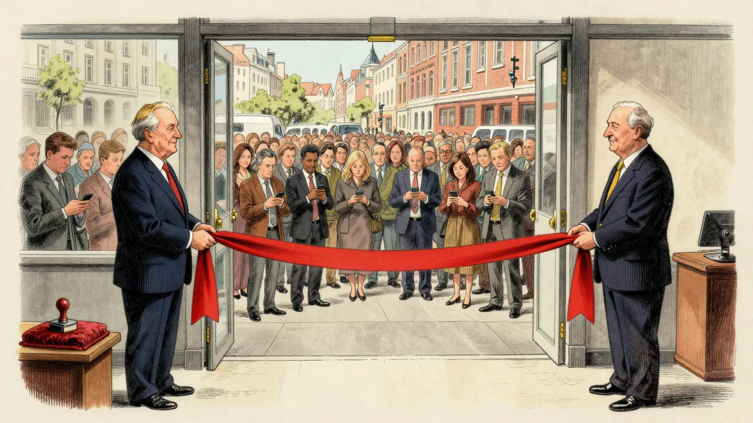 Editorial cartoon illustration: Two lawyers in dark suits stand in a grand Brussels office holding opposite ends of a long red ribbon stretched across an empty doorway. Through the glass wall behind them a vast crowd fills the street outside, every person looking down at a phone. One of the lawyers has set a velvet cushion on a side table with a single rubber stamp resting on it.