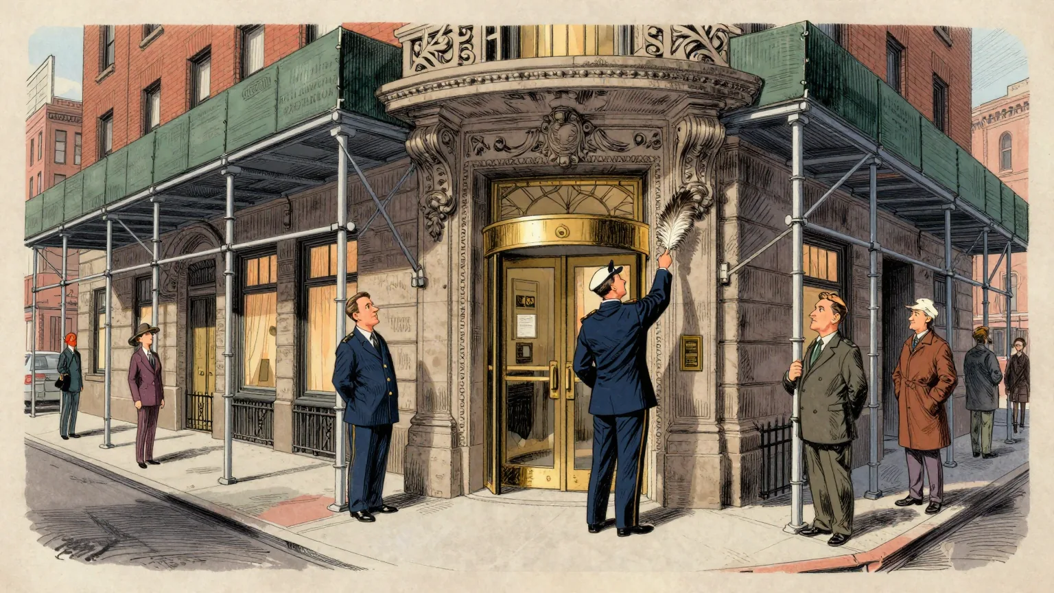 Editorial cartoon illustration: Scaffolding covers the lower floors of a grand old stone hotel on a Manhattan corner at dusk. A doorman in full uniform stands on the empty pavement outside the locked revolving door, holding a single enormous feather duster and reaching up towards the carved stonework above him. A few passers-by on the opposite kerb have stopped to watch.