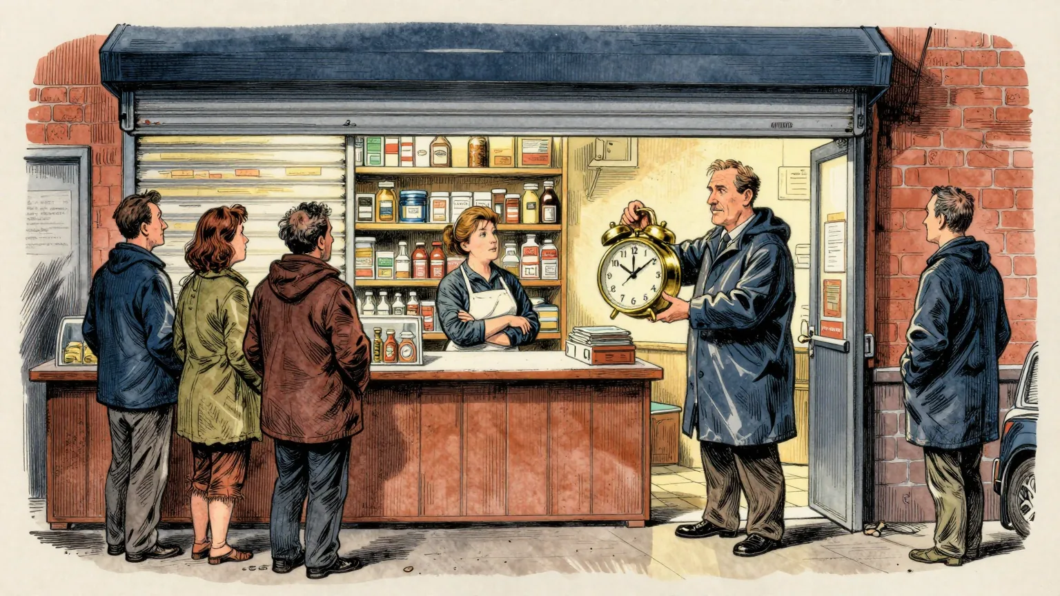 Editorial cartoon illustration: Inside a small Polish grocery shop late in the evening, a shopkeeper in an apron stands behind the counter with her arms folded beside a row of shelves closed off by a roller shutter. A council official in a raincoat stands in the open doorway holding a large brass alarm clock and turning its hands with his thumb. Two customers wait in a short queue, looking at the shuttered shelves.