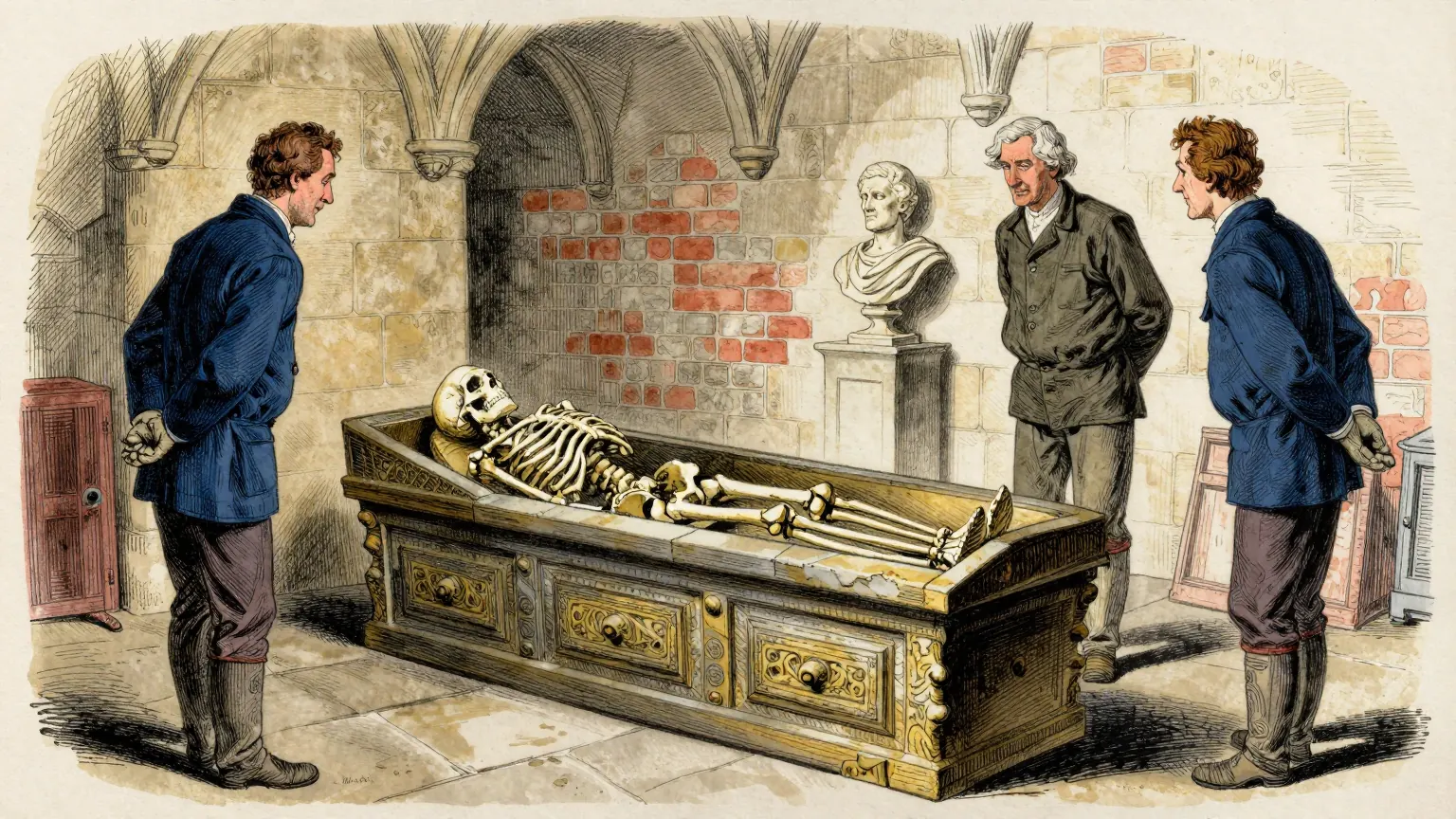Editorial cartoon illustration: A long stone sarcophagus with its heavy carved lid propped against its side stands in a bright stone-vaulted gallery inside an English abbey, a skeleton laid out neatly inside it. Three archaeologists in cotton gloves and plain work clothes stand around the coffin, two of them looking down into it with their hands behind their backs. On a low plinth at the head of the coffin, a small Roman marble bust of a man has been set facing the wall.