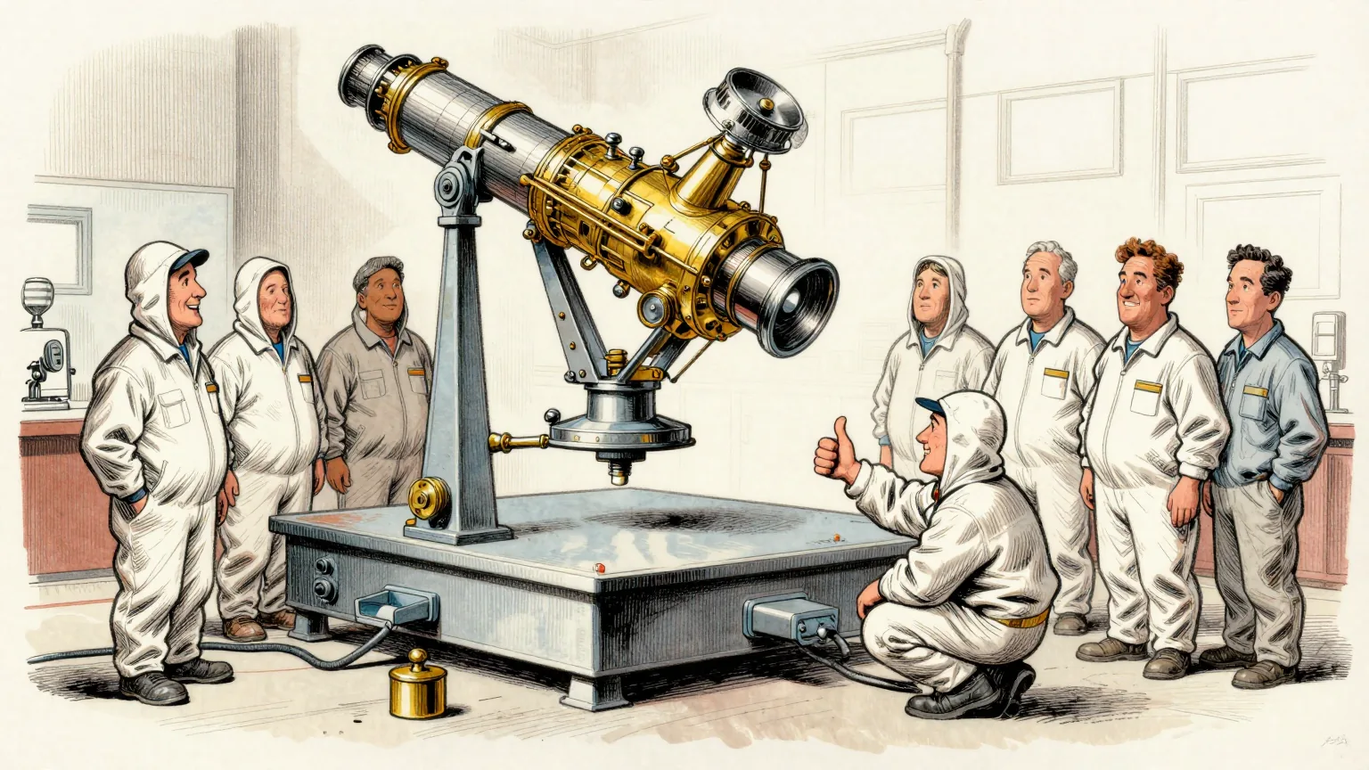 Editorial cartoon illustration: A bright clean room where engineers in white coveralls and hoods stand around a large gold and silver space telescope suspended just above an enormous industrial weighing platform. One engineer crouches beside the scales, giving a delighted thumbs up to the others. A single small brass weight sits on the floor beside the platform, clearly unused.