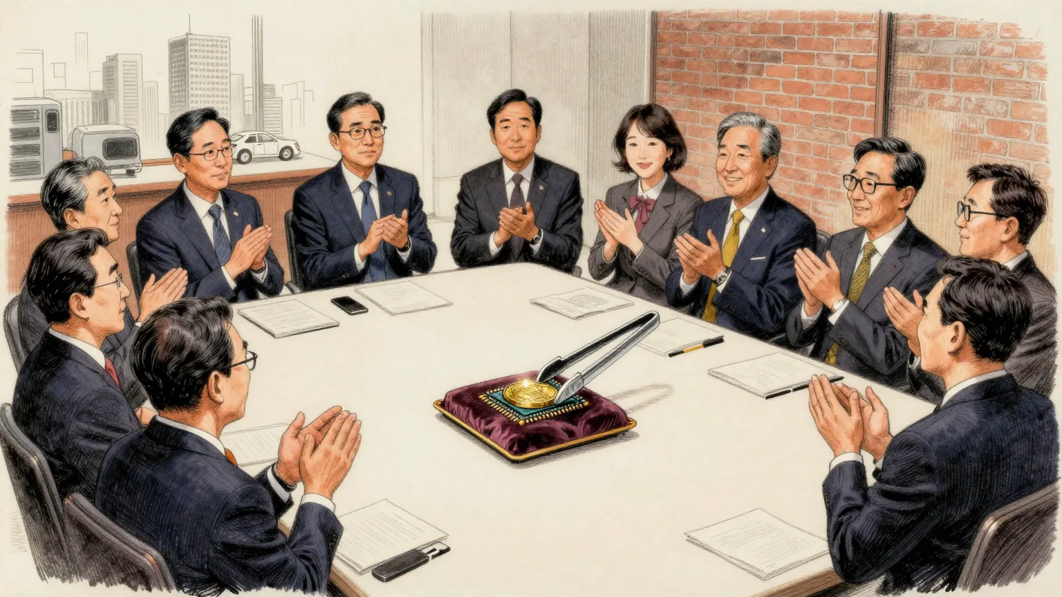 Editorial cartoon illustration: A boardroom high above Seoul where executives in dark suits stand around a long table, applauding. In the centre of the bare table, on a small velvet cushion, sits a single silicon chip the size of a coin. One executive at the far end waits with an enormous pair of tongs, not yet permitted to pick it up.