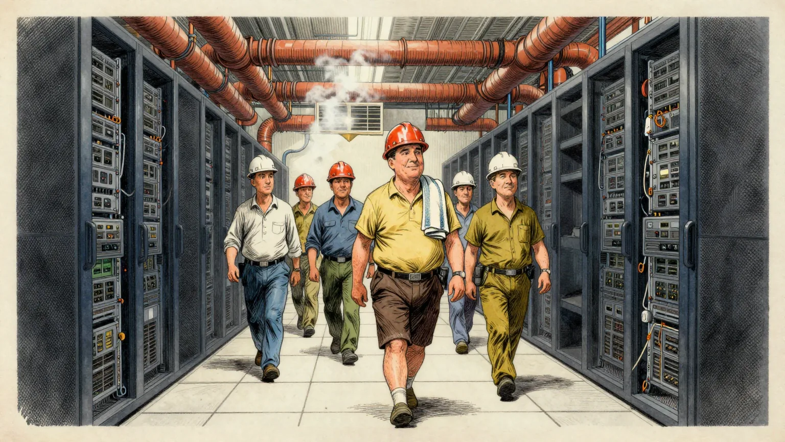 Editorial cartoon illustration: Engineers in hard hats walk down a wide aisle between tall racks of humming computer equipment in a data centre, with thick insulated pipes running overhead and steam drifting from a vent at the far end. One engineer at the front of the group is wearing shorts and carrying a folded beach towel over one shoulder, while the others are in ordinary work clothes.