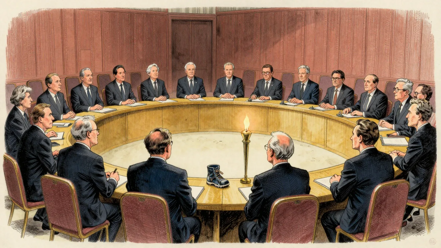 Editorial cartoon illustration: A long committee table in a panelled hall in Lausanne, where a dozen officials in dark suits sit with their hands folded, facing a row of empty adult-sized chairs along the far wall. An unlit ceremonial torch stands upright in the middle of the table. One official has placed a very small child's running shoe carefully beside it.