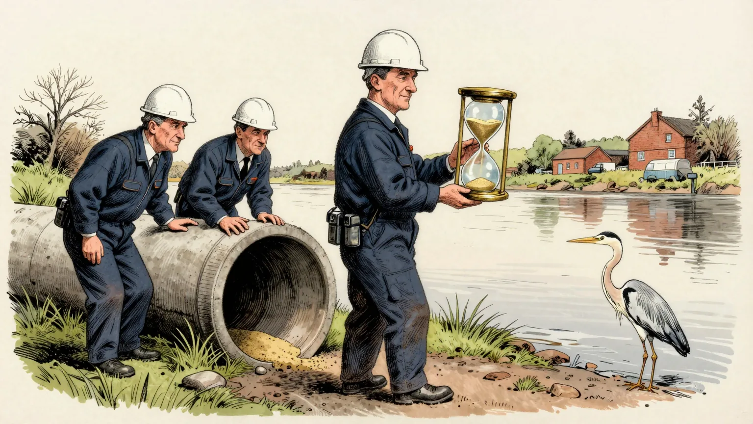 Editorial cartoon illustration: Three water company engineers in overalls and hard hats stand on a grassy riverbank in Wales beside a large concrete outfall pipe, two of them peering into the mouth of the pipe. The third engineer at the front cradles an enormous hourglass, nearly waist-high, and watches the sand run. A heron stands in the shallows a few feet away, entirely unbothered.