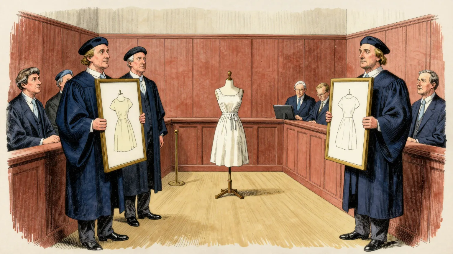 Editorial cartoon illustration: Two teams of lawyers in wigs and gowns stand on opposite sides of a panelled London courtroom, each side holding up a large framed picture of the same plain summer dress towards the judge, who looks down at them from the bench. Between the two sides a tailor's mannequin wearing the actual dress stands unattended in the middle of the courtroom floor.