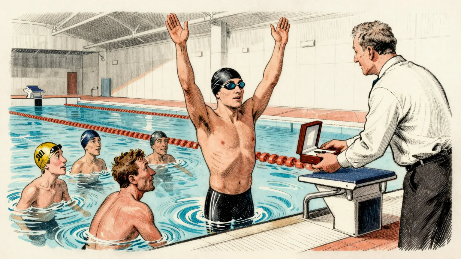 Editorial cartoon illustration: A swimmer in a black cap and goggles stands waist-deep at the end of a lane in an indoor competition pool with both arms raised, while four other swimmers still in the water in neighbouring lanes turn to look at him. A poolside official in white leans over the edge holding out a small velvet-lined wooden presentation box with both hands, as though making a delivery.