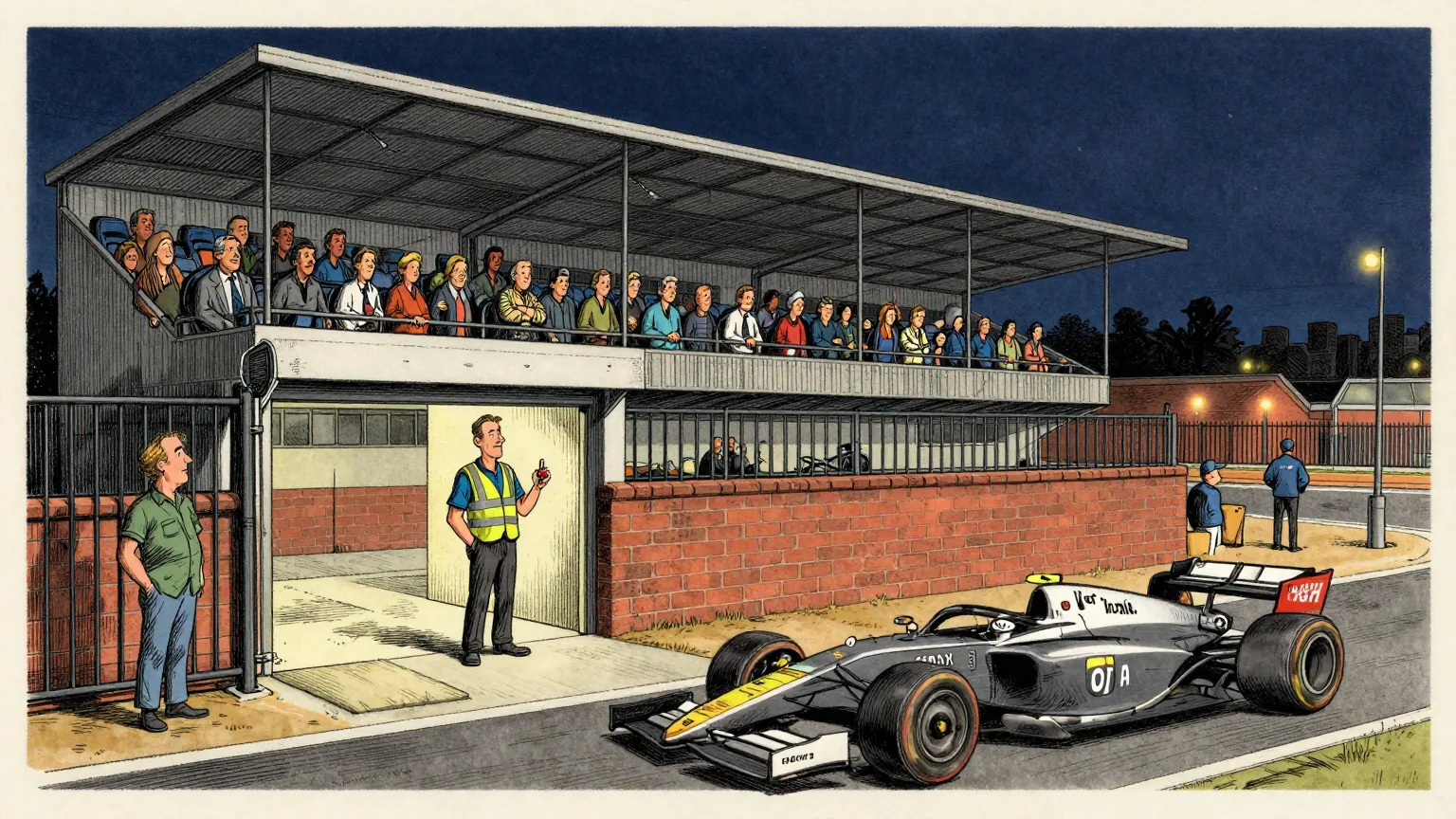 Editorial cartoon illustration: A packed night-time grandstand beside a floodlit city street circuit, with a race car blurring past in the foreground. At the entrance gate below the stand, a steward in a high-visibility vest stands alone staring at a small handheld clicker counter, surrounded by the last few arriving spectators. A patch of bare concrete sits where a neighbouring stand used to be.