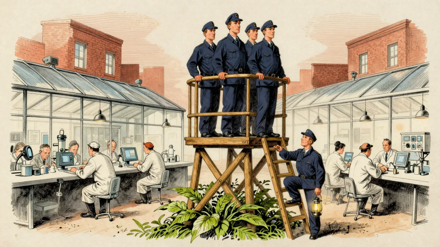 Editorial cartoon illustration: Four uniformed night watchmen stand shoulder to shoulder on a small wooden watchtower built on top of a single leafy green plant in a laboratory greenhouse, scanning the benches below with great seriousness. A fifth watchman waits awkwardly at the foot of the ladder with nowhere to stand, holding his lantern down by his knee. White-coated researchers work at the benches nearby and pay none of them any attention.