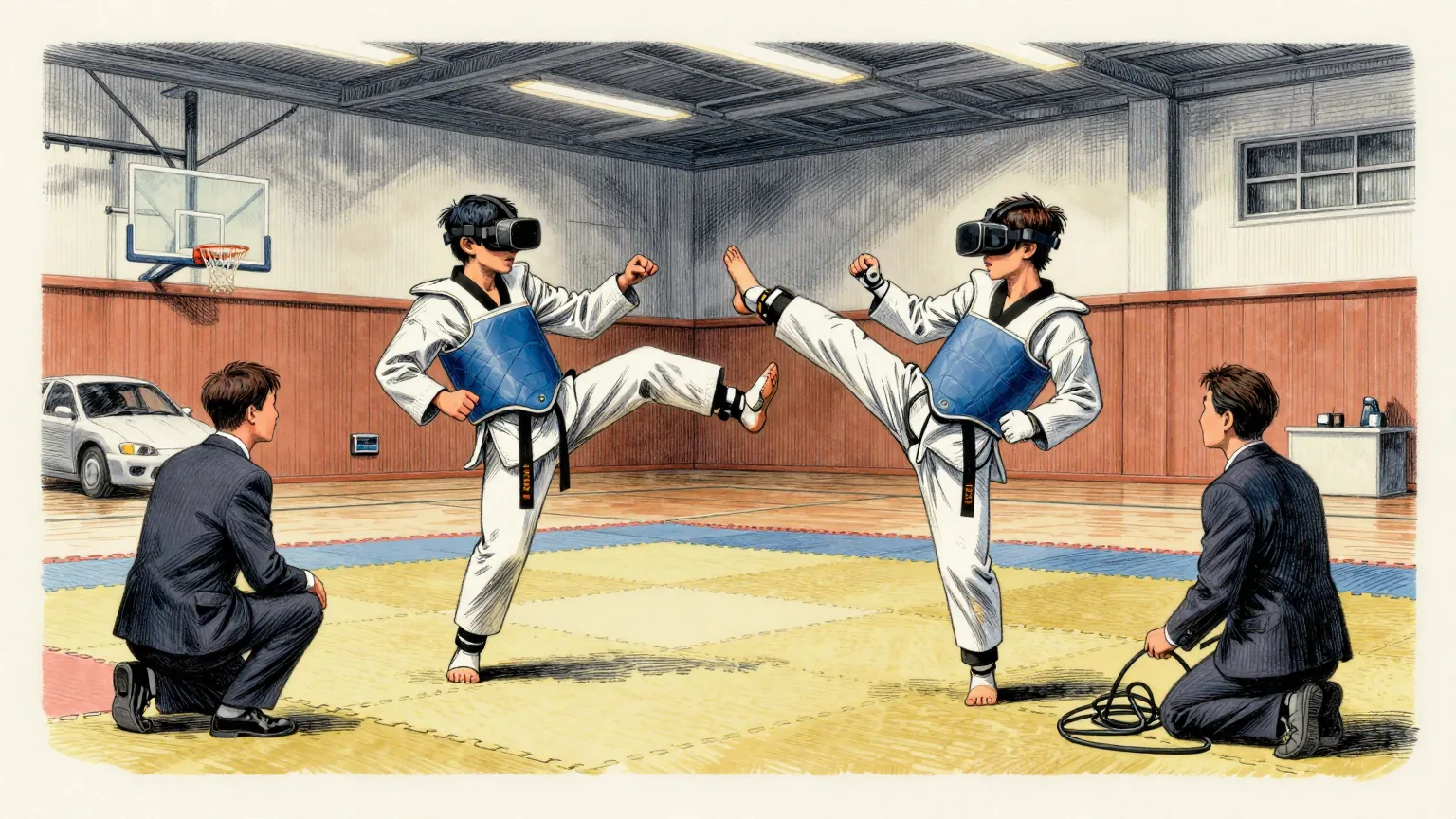 Editorial cartoon illustration: A brightly lit Japanese sports hall where two young athletes in taekwondo doboks stand on the same mat, both wearing virtual reality headsets and leg trackers, kicking towards each other while one of them has turned the wrong way and is facing out into the hall. A line judge in a blazer crouches at the edge of the mat watching their feet. A technician kneels nearby holding a single tangled cable.