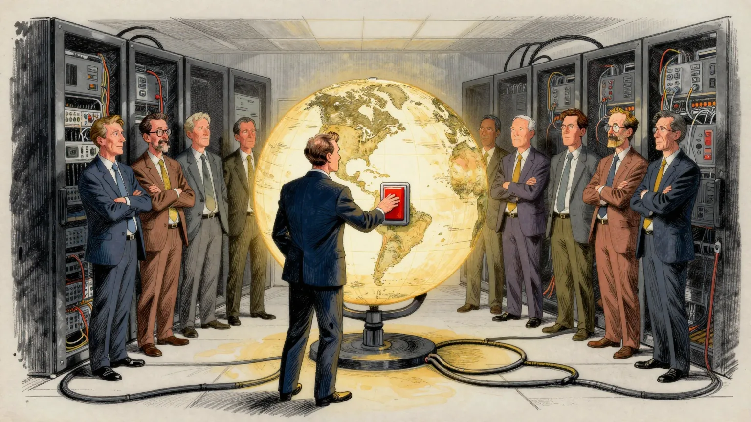 Editorial cartoon illustration: A group of network engineers stand around a large illuminated globe in a server room, one of them pressing a single oversized red switch mounted on a pedestal beside it. The other engineers watch with folded arms. Cables run from the pedestal in every direction across the floor and vanish under the racks.