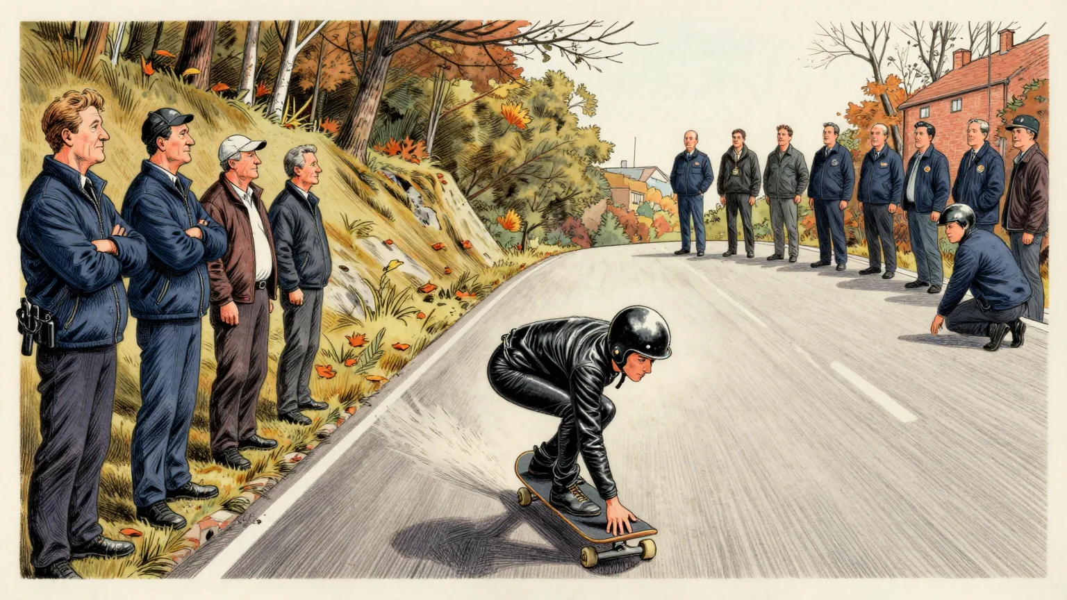 Editorial cartoon illustration: A skateboarder in a one-piece leather suit and smooth helmet crouches low on a board, racing down a steep two-lane country road between autumn trees. Officials in jackets stand along the verge with their arms folded, watching him pass. Further up the hill, a second group of officials has gathered in a circle facing the empty road surface itself, one of them kneeling to pat the asphalt approvingly.