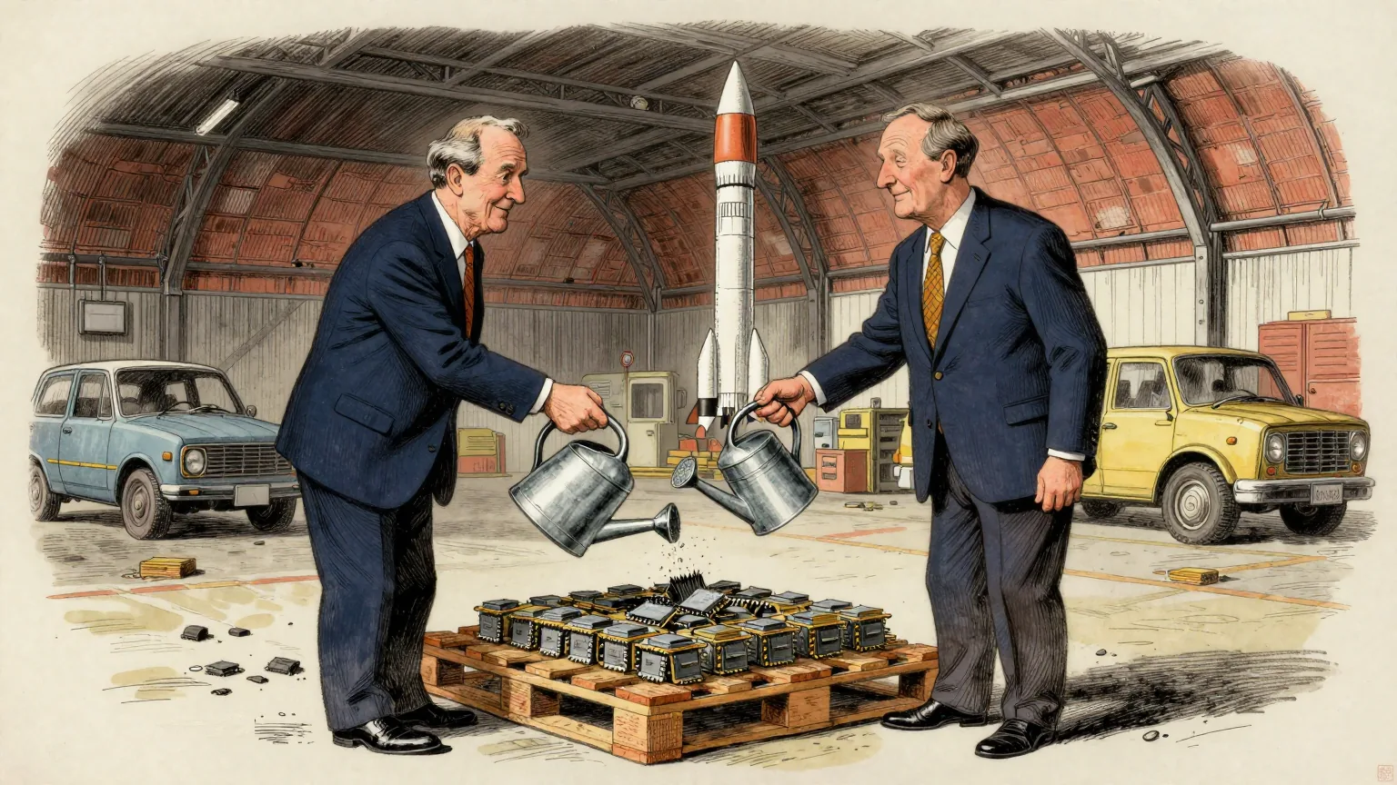 Editorial cartoon illustration: Two bankers in suits and a rocket engineer in a high-visibility vest stand in a cavernous hangar beside a wooden pallet stacked with small grey computer chips, shaking hands over it, with a tall rocket upright in the background. One of the bankers is holding a metal garden watering can and tipping it slowly over the pallet.