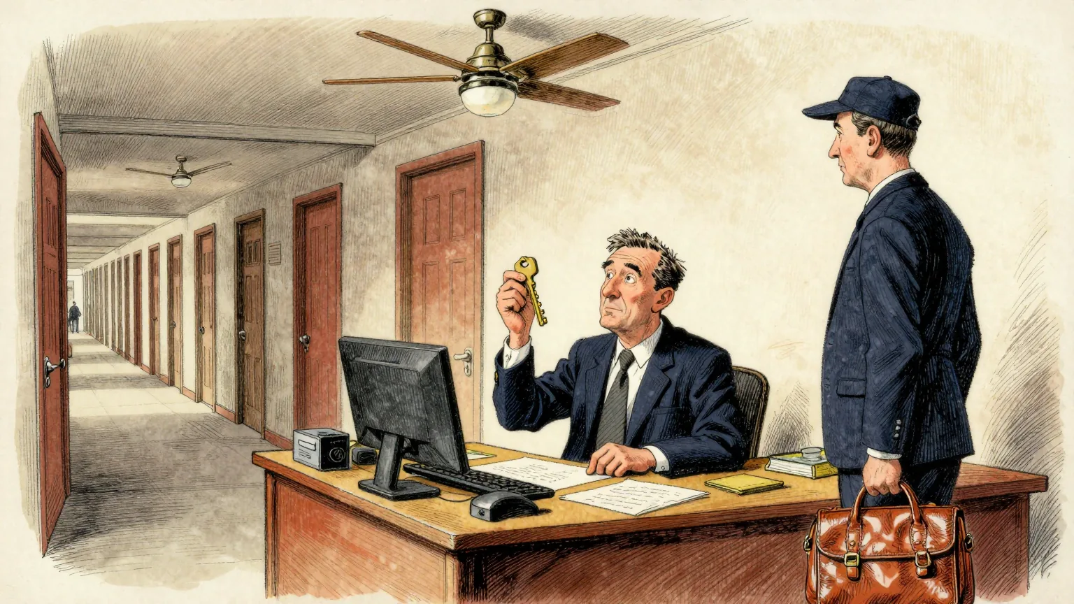 Editorial cartoon illustration: A clerk in shirtsleeves sits at a desk in a small warm office with a slow ceiling fan, holding a single brass door key up in front of his face and studying it. A courier in a cap stands at the desk with an empty leather satchel, waiting. Behind them a long corridor of identical closed doors recedes into the distance.
