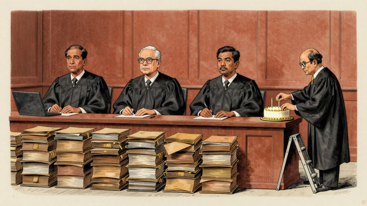 Editorial cartoon illustration: Four judges in black robes sit at a long bench in a panelled Colombo courtroom, looking straight ahead with great composure. The floor in front of the bench is covered from wall to wall with tall stacks of tied brown folders, reaching almost to their eye level. At one side a court clerk stands on a short stepladder, carefully pressing two extra candles into a plain iced cake balanced on the corner of the bench.