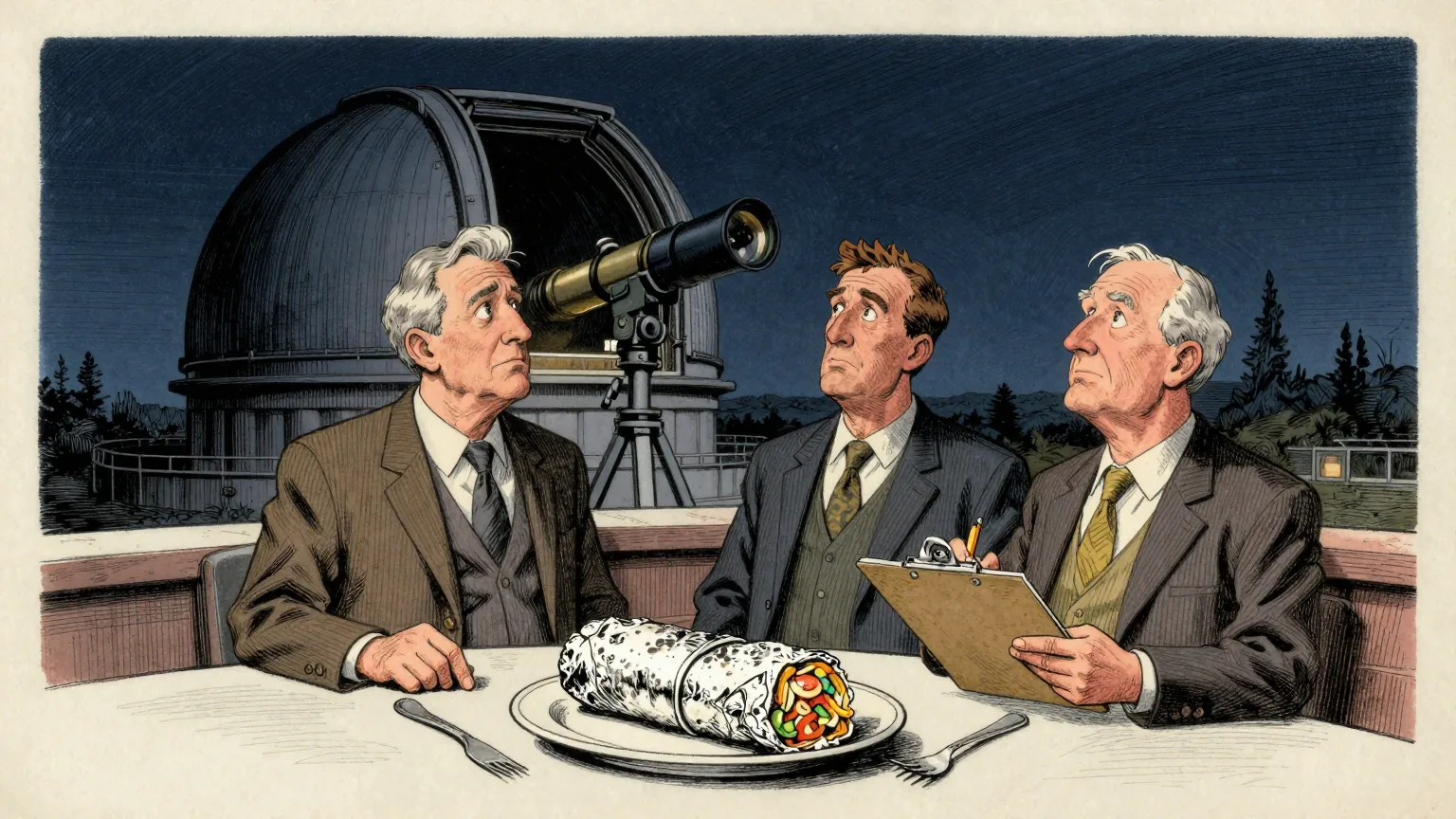 Editorial cartoon illustration: A vast dim observatory dome at night with a telescope pointed through the open shutter, and two astronomers standing at a control desk looking upward with mild concern. On the desk between them sits a single enormous foil-wrapped burrito on a dinner plate, with cutlery laid neatly either side of it. One astronomer holds a clipboard and a pencil.