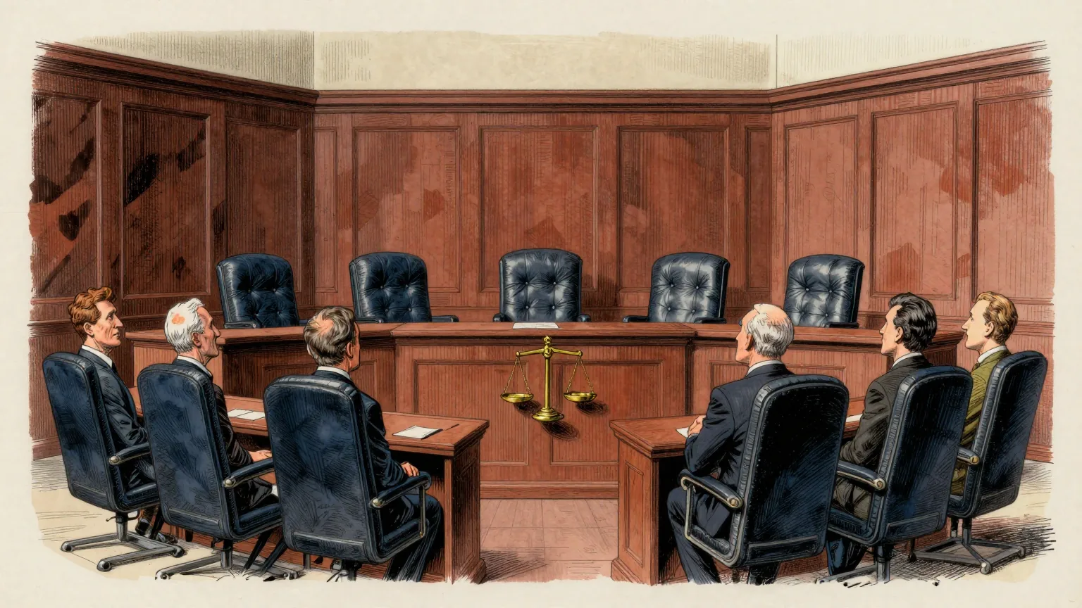 Editorial cartoon illustration: A grand, empty wood-panelled courtroom with a long raised bench and nine high-backed leather chairs, four of which have been pushed back and turned away. A single clerk in a dark suit stands below the bench with hands folded, looking up at the empty seats. On the bench in front of the middle chair rests a brass set of scales with one pan removed.