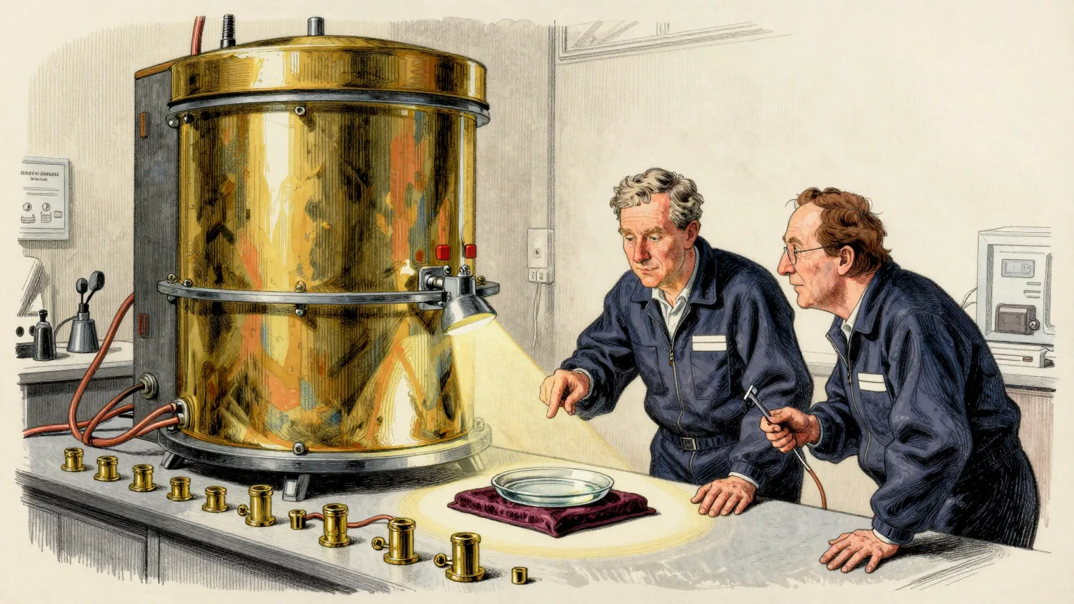 Editorial cartoon illustration: A university physics laboratory with a tall gold-plated dilution refrigerator standing open, its cylindrical stages exposed, while two researchers in jumpers lean over a bench covered in small brass fittings and copper tubing. Between them on the bench sits a single empty glass dish on a velvet cushion, carefully positioned under a small spotlight as though it were the apparatus. One researcher is pointing at it; the other is holding a spanner.