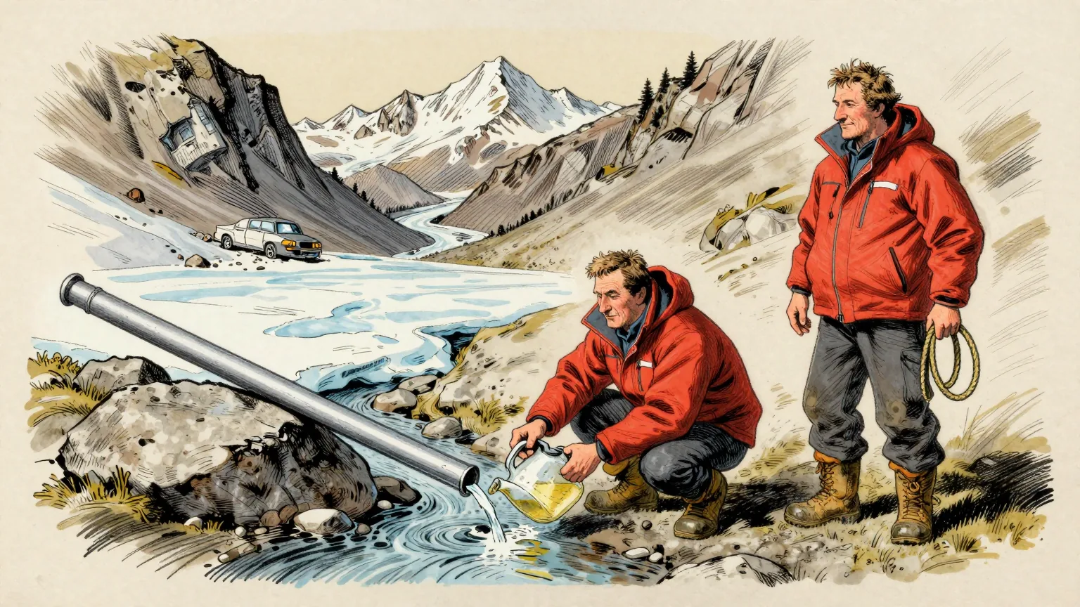 Editorial cartoon illustration: Two glaciologists in bright jackets stand on bare grey rock in a high Swiss valley beside a long aluminium stake that has toppled sideways, with a thin stream running past their boots and a shrunken patch of ice far up the slope behind them. One of them crouches and holds a household kitchen jug under the stream, watching it fill. The other coils a plain rope over one arm.