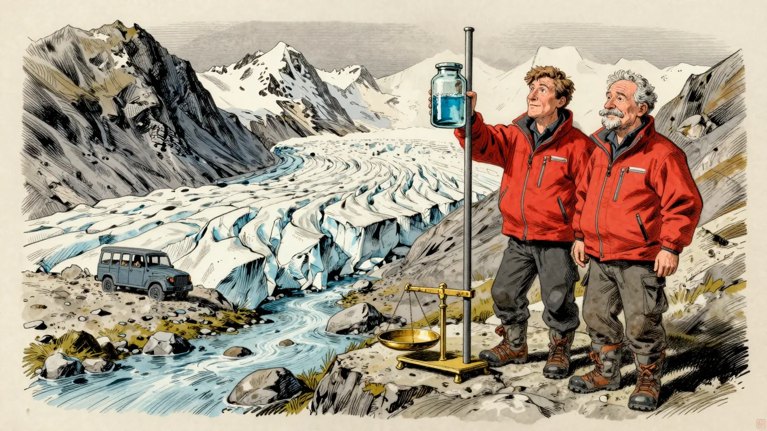 Editorial cartoon illustration: Two glaciologists in red jackets stand on bare grey rock high in the Swiss Alps beside a tall measuring pole, one of them holding a single large glass jar of meltwater. The glacier's edge has retreated far up the valley behind them and a stream runs past their boots. An old brass weighing scale sits on the rock beside them with nothing on either pan.