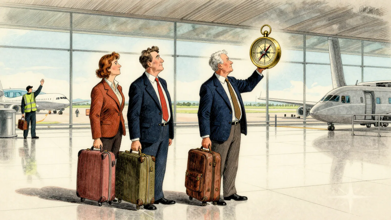 Editorial cartoon illustration: Inside a bright, almost empty new airport terminal, two travellers in holiday clothes stand beside their suitcases on a vast polished floor, looking calmly around them. A third traveller holds an enormous brass ship's compass up at arm's length and sights along it towards the glass wall. Outside on the apron, a worker in a high-visibility vest waves a small aircraft forward.
