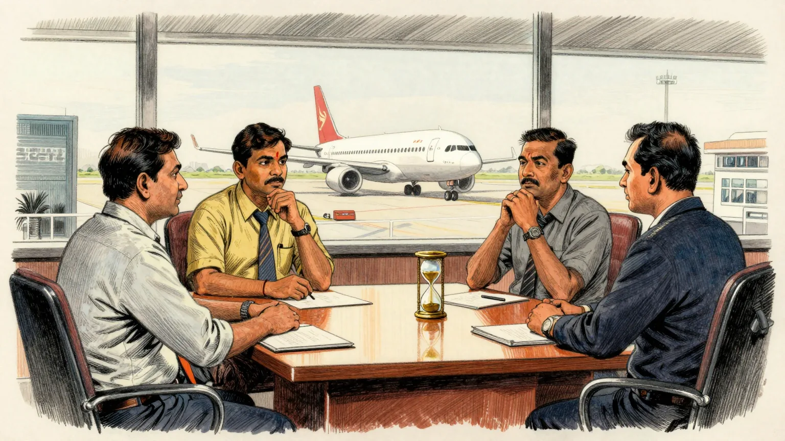 Editorial cartoon illustration: Three government officials in formal shirts sit on one side of a polished table in an airport office in Chennai, facing two airline managers, everyone nodding. Through the window behind them a single aircraft stands at an otherwise empty stand. One of the officials holds a small hourglass upside down in both hands and studies it closely while the others carry on talking.