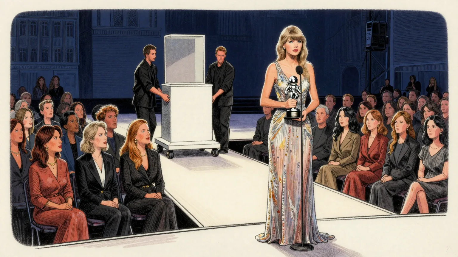 Editorial cartoon illustration: Taylor Swift stands on a brightly lit awards-show stage in a long gown, holding a small silver trophy shaped like an astronaut and looking calmly out at the audience. Behind her, two stagehands in black are quietly wheeling on a second, completely empty display plinth. The other nominees sit in the front row with their hands in their laps.