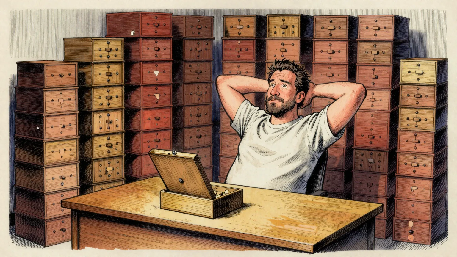 Editorial cartoon illustration: Jonathan Blow, in a plain T-shirt, leans back from a bare wooden desk in a small studio room with his hands behind his head. Stacked floor to ceiling around him are hundreds of identical small wooden puzzle boxes, each with a different arrangement of pegs and sliding blocks, every one of them sealed. A single box sits open and solved on the desk in front of him.