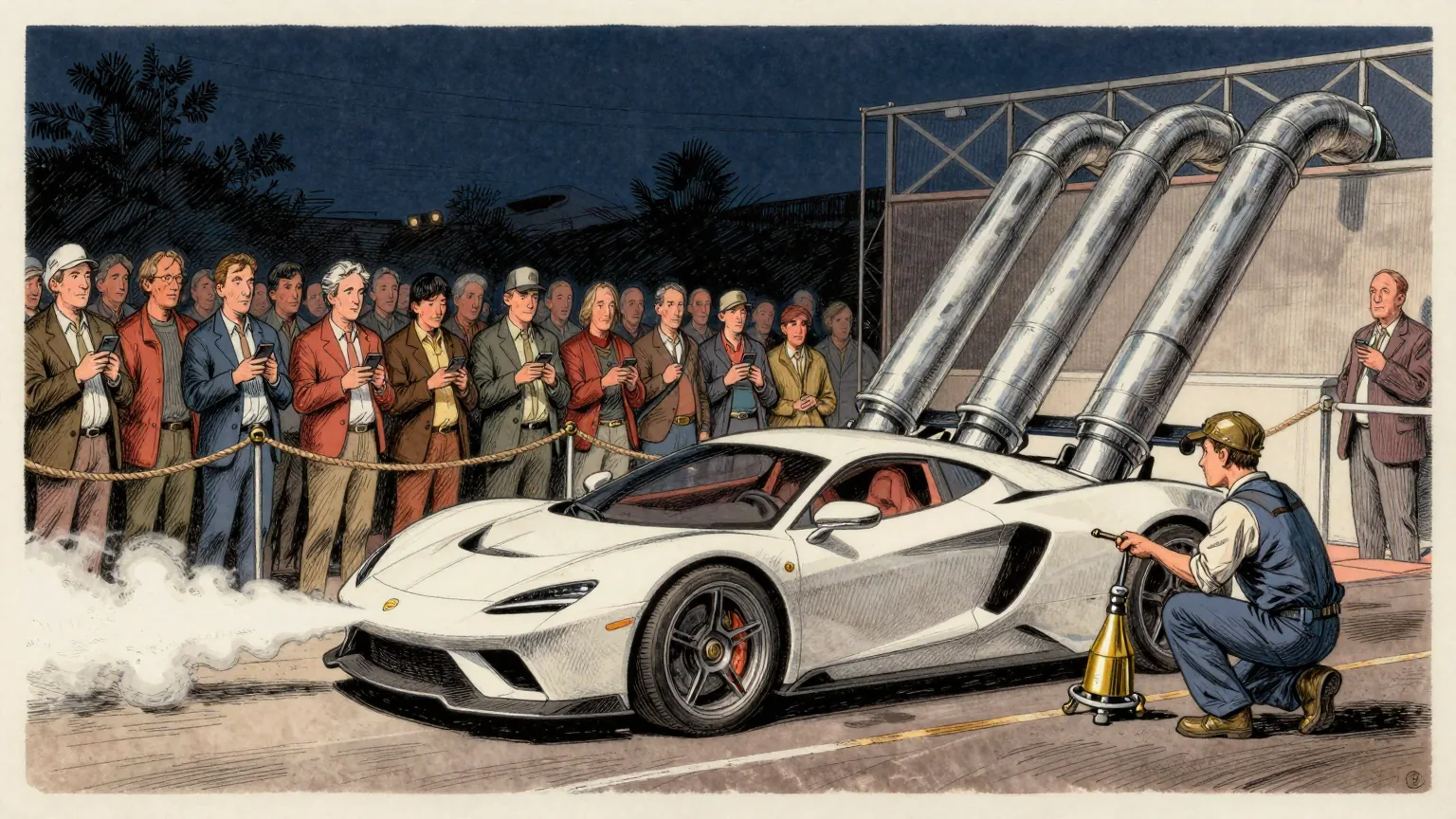 Editorial cartoon illustration: A low wedge-shaped electric sports car on a floodlit outdoor stage at night, four enormous chrome pipes protruding from its tail and a white plume venting from them across the tarmac. A small crowd of onlookers in jackets watches from behind a rope line with their phones down at their sides. At the rear of the car one technician in overalls crouches, holding a brass bicycle pump.