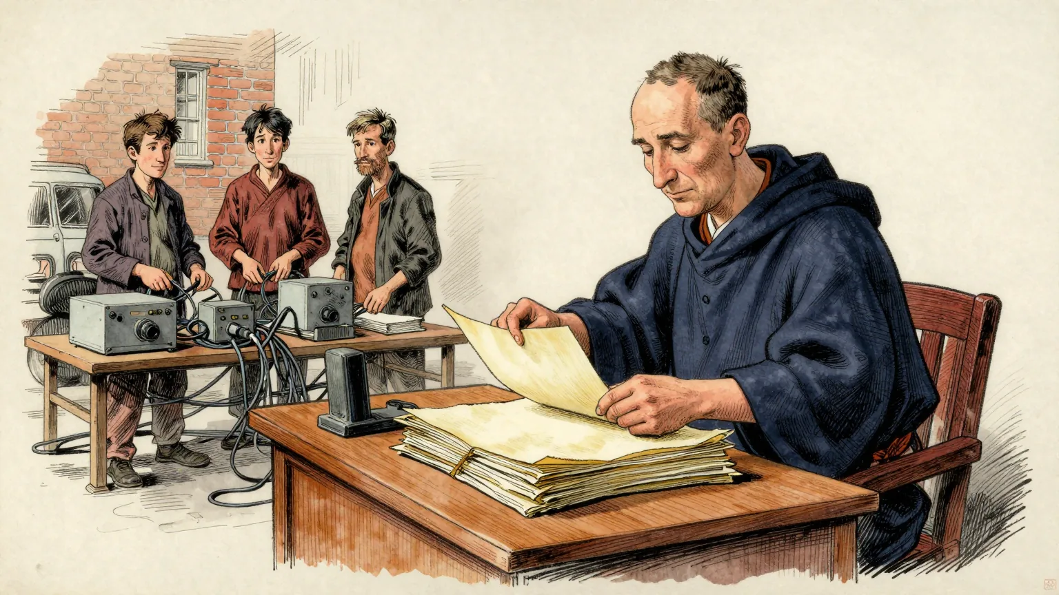 Editorial cartoon illustration: Behind him a monk in a habit sits at a sloped wooden desk, calmly binding a thick stack of blank vellum sheets. Three younger volunteers stand at a bench of dusty equipment, untangling cables.
