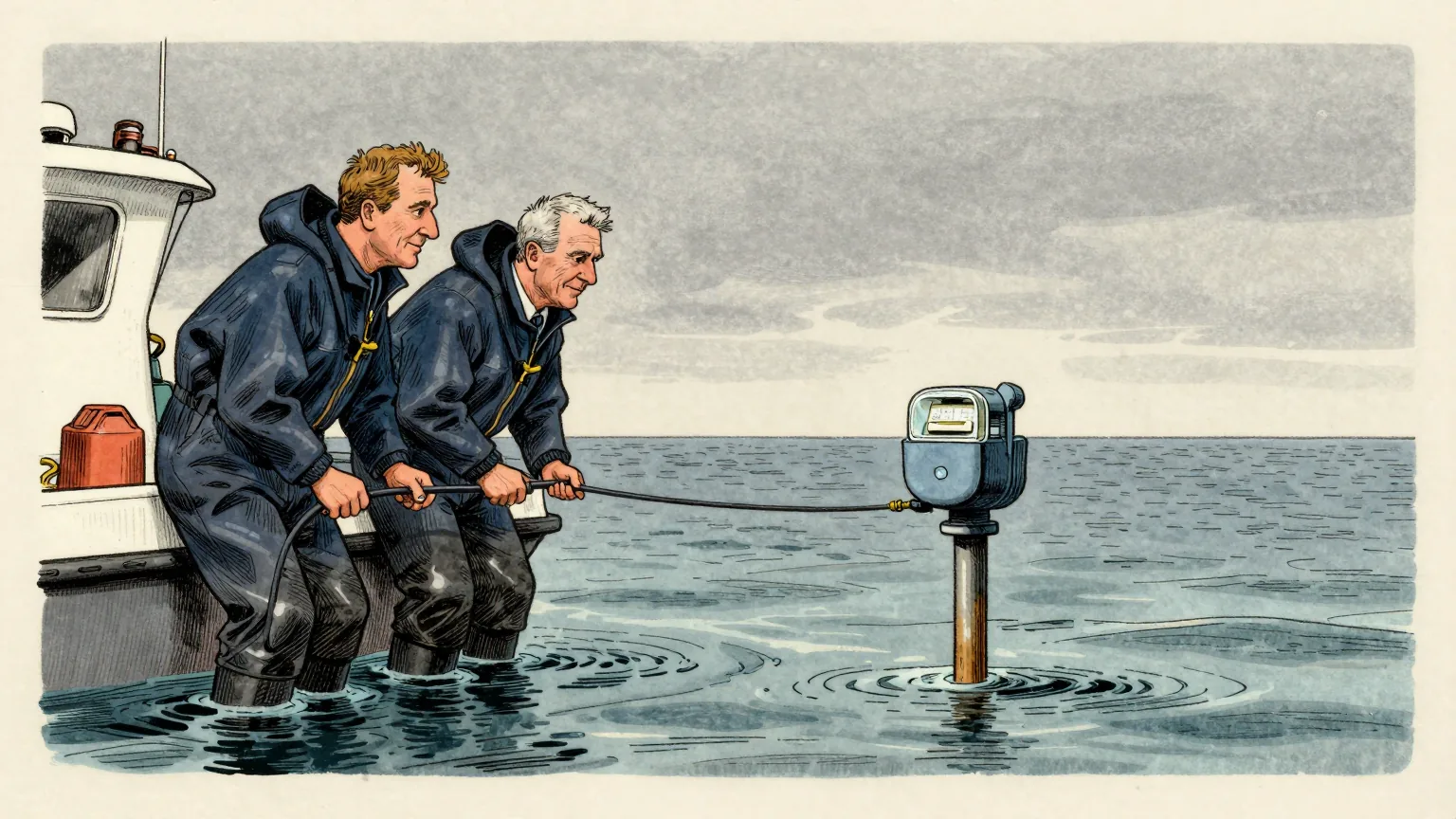 Editorial cartoon illustration: A calm open sea under a flat grey sky, seen from a small research boat where two oceanographers in waterproofs lean over the gunwale lowering an instrument on a cable. Standing upright in the shallows at the edge of the frame is a single domestic electricity meter on a short post, its glass face just above the waterline. The scientists are looking at their instrument, not at it.