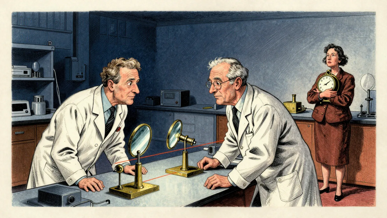 Editorial cartoon illustration: A dim university laboratory where two physicists in white coats lean over an optical bench crossed with mounted mirrors and lenses, a thin red beam running between them. A third physicist stands apart at the far end of the bench, holding an old brass pendulum clock against her chest with both arms. The other two are watching the bench and not her.