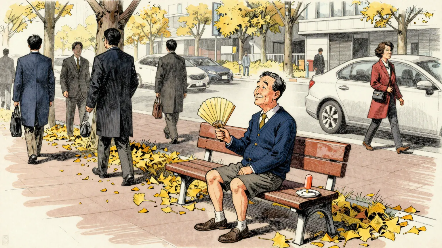 Editorial cartoon illustration: A busy Tokyo pavement in bright afternoon sunshine, where office workers in autumn coats stride past a man sitting calmly on a bench in shorts and a vest, fanning himself with a folding paper fan. Fallen ginkgo leaves lie yellow along the kerb behind him. On the bench at his side, a single ice lolly is melting on a saucer.