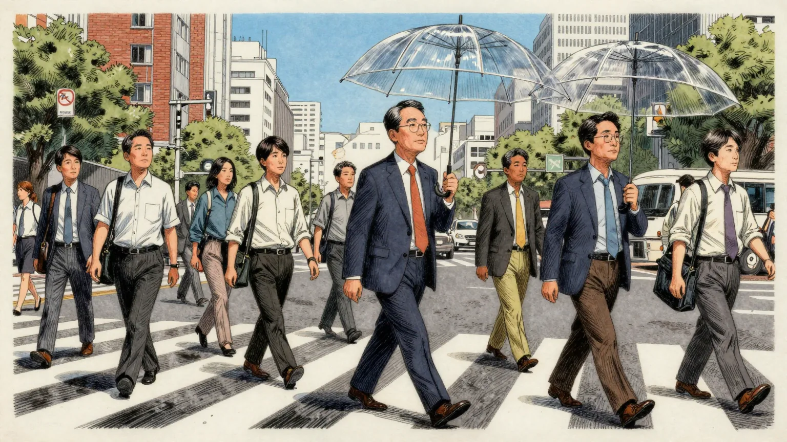 Editorial cartoon illustration: A crowded Tokyo pedestrian crossing under a bright blue sky, office workers striding both ways in shirtsleeves with sunlight glinting off the still-wet tarmac. Everyone is looking straight ahead. One person at the edge of the crowd is walking under a fully open transparent umbrella.