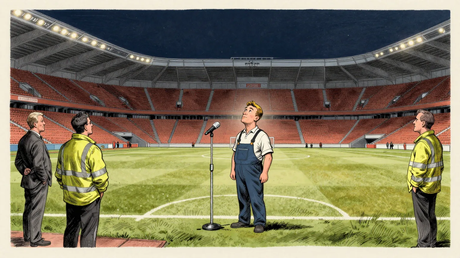 Editorial cartoon illustration: Inside a large modern football stadium at night, a groundsman in overalls stands alone in the centre circle looking up at the empty tiers of seats. Two stewards in high-visibility jackets wait at the mouth of the players' tunnel with their hands behind their backs. A third steward near the halfway line holds a single glittering microphone on a tall chrome stand, which has been set down carefully on the turf.