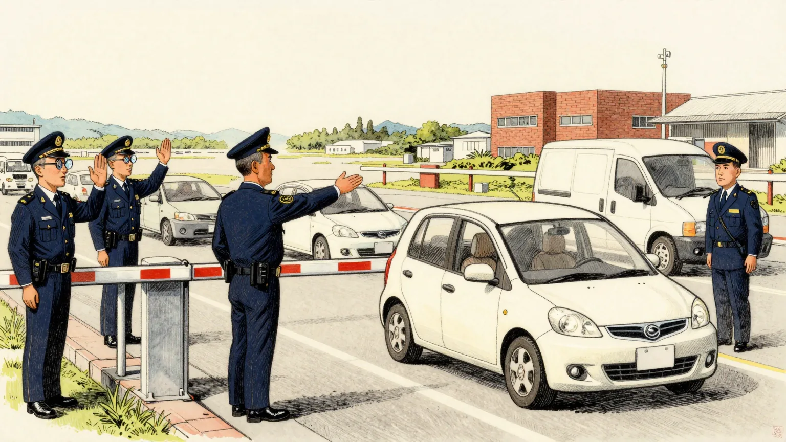 Editorial cartoon illustration: A uniformed guard stands at a boom gate outside a large airfield in Okinawa, one palm raised flat towards a small electric hatchback whose driver has begun a three-point turn on the approach road. Behind the barrier two other guards are waving through a queue of ordinary saloon cars and a delivery van. The guard at the gate has a jeweller's eyeglass screwed into one eye and is peering at the front of the little car.
