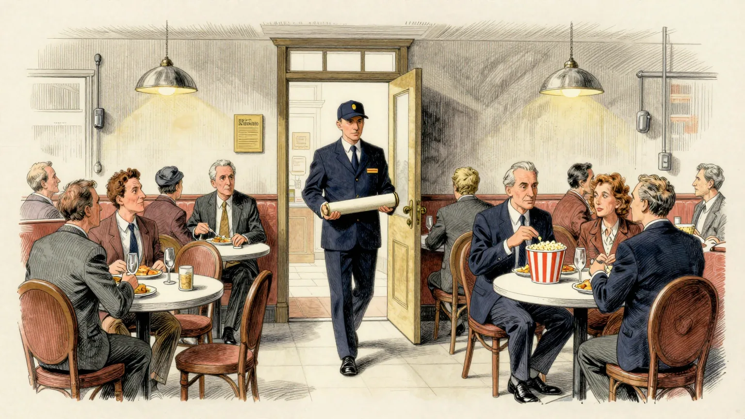 Editorial cartoon illustration: A busy restaurant dining room at lunchtime, with diners talking over their plates at small round tables. In the doorway stands a courier in a formal dark suit holding a rolled cylinder, one foot raised as though unable to cross the threshold. At the nearest table a single diner sits calmly eating popcorn from a large striped bucket beside their lunch, while everyone else eats normally.