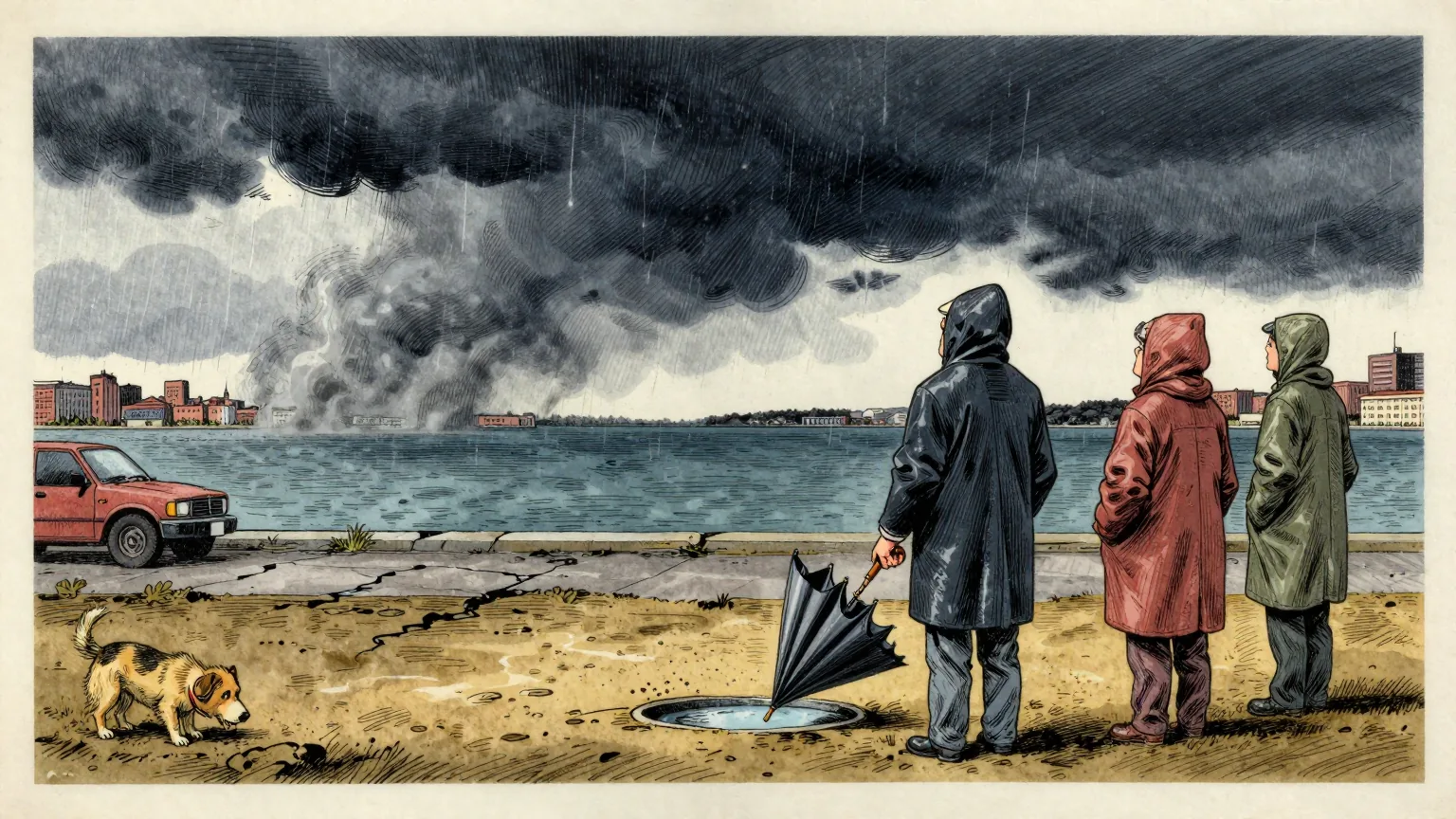 Editorial cartoon illustration: A bank of dark rain cloud drifts away over open water beyond a city waterfront, where three people in raincoats stand on dry, dusty ground with their hoods down, looking at the sky. The paving is cracked and a small dog sniffs at an empty puddle basin. One of the three holds a closed umbrella upside down like a collecting jug, catching nothing.