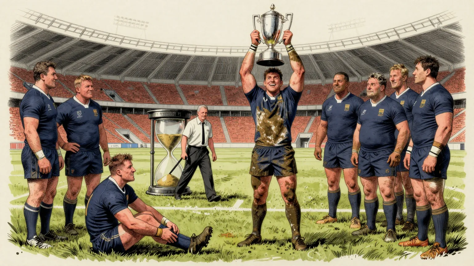 Editorial cartoon illustration: A rugby league captain in a muddied kit stands in the middle of a floodlit stadium holding a large silver trophy above his head, grinning, with team-mates around him. A short distance away an opposing player sits alone on the turf, pulling off a boot. Between them a groundsman quietly wheels an enormous hourglass towards the touchline.