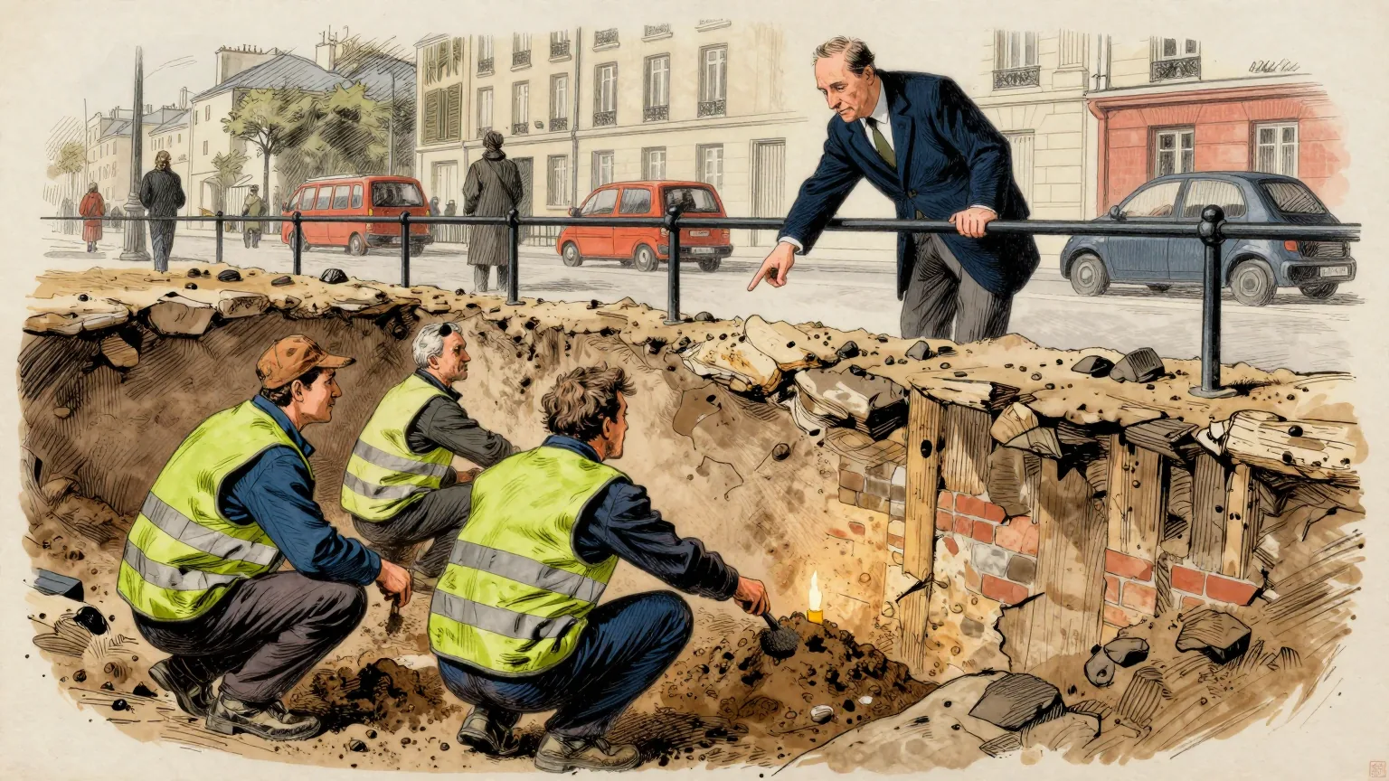 Editorial cartoon illustration: Archaeologists in high-visibility vests crouch in a deep excavation pit in the middle of a Parisian street, brushing soil from a low stretch of ancient stone-and-wood wall. A government official in a smart coat leans over the safety railing above them, pointing at the wall with obvious satisfaction. In one corner of the pit a single small candle burns, unattended, beside the blackened stones.