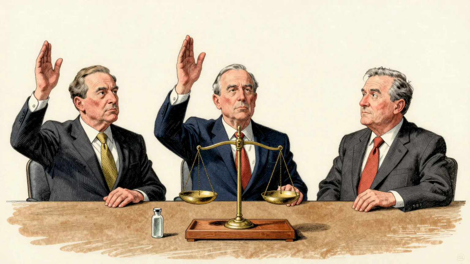 Editorial cartoon illustration: Three officials in blazers sit behind a long table in a plain conference room, each with a hand raised to shoulder height as though part-way through a vote. A single small glass vial stands alone on a wooden tray in front of them. One of the officials holds a set of old balance scales with an empty pan on each side and studies the level arm closely.