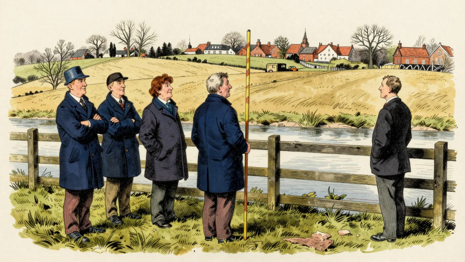 Editorial cartoon illustration: Four council leaders in winter coats stand on the grassy bank of an English river with their arms folded, facing a man in a suit who waits a few paces away on the other side of a low wooden fence with his hands at his sides. Rolling fields and a distant town lie behind him. One of the leaders holds a tall striped surveying pole, and the fence crosses an otherwise featureless meadow and stops after a few feet.